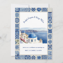 Invitación Boda de destino de acuarela de teja azul de Santor