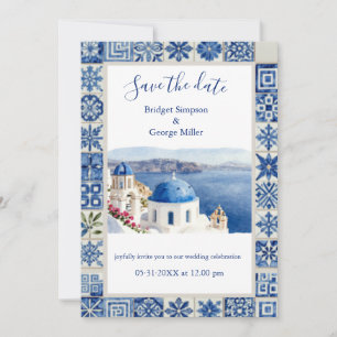 Invitación Boda de destino de acuarela de teja azul de Santor