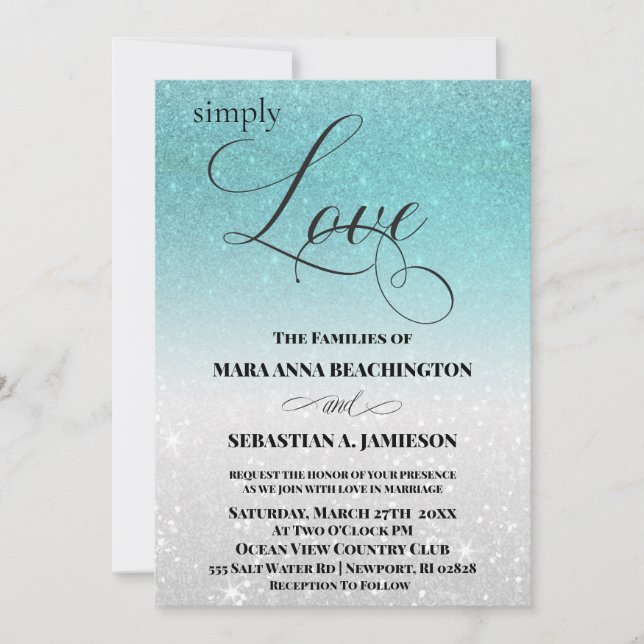 Invitación *~* Boda de destino de Aqua Purpurina Beach (Anverso)