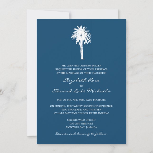 Invitación Boda de destino de árbol de palma azul de la marin (Anverso)