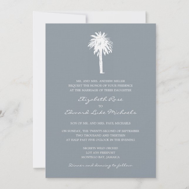 Invitación Boda de destino de árbol de palmera gris elegante (Anverso)