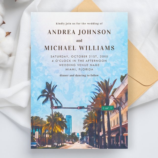 Invitación Boda de destino de Ciudad Acuarela de Miami Florid (Subido por el creador)