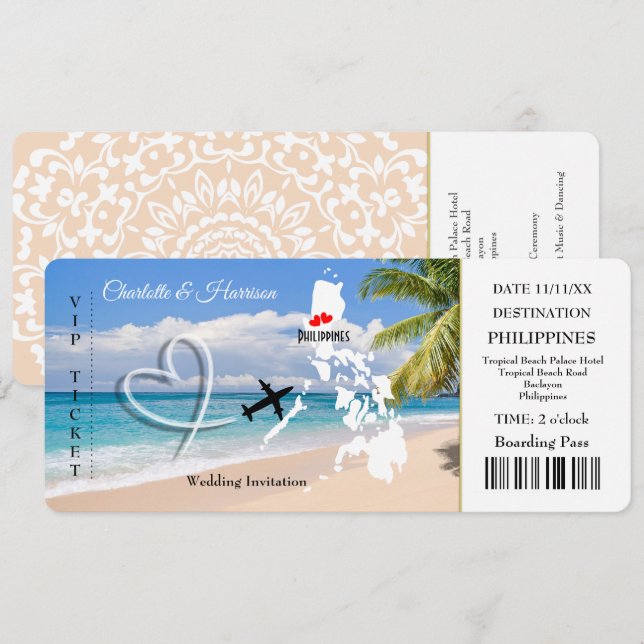 Invitación Boda de destino de entradas de viajes Filipinas (Anverso / Reverso)