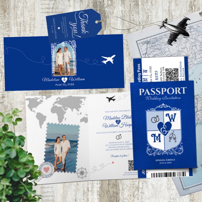 Invitación Boda de destino de estilo Pasaporte Azul Real (Subido por el creador)