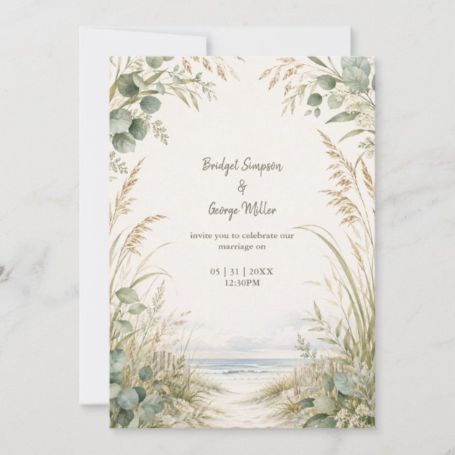 Invitación Boda de destino de eucalipto en Cape Cod costero  (Anverso)
