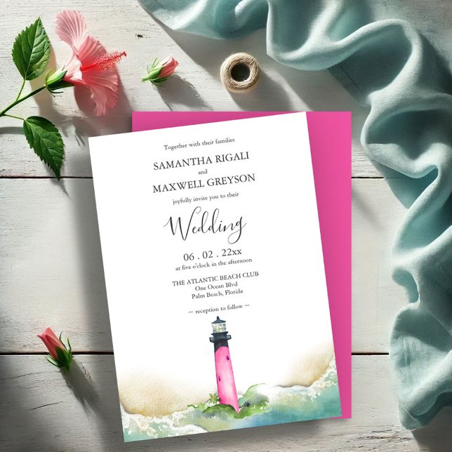 Invitación Boda de destino de faro rosa náutico (Subido por el creador)