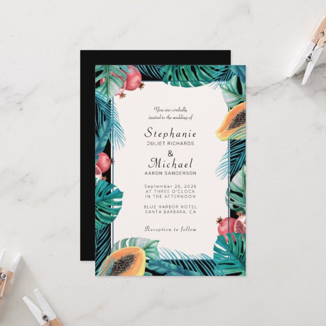 Invitación Boda de destino de hojas tropicales (Anverso/Reverso In Situ)