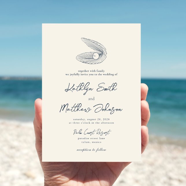 Invitación Boda de destino de la concha azul de la marina mod (Subido por el creador)
