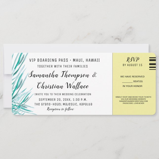 Invitación Boda de destino de la palma verde del billete de a (Anverso)