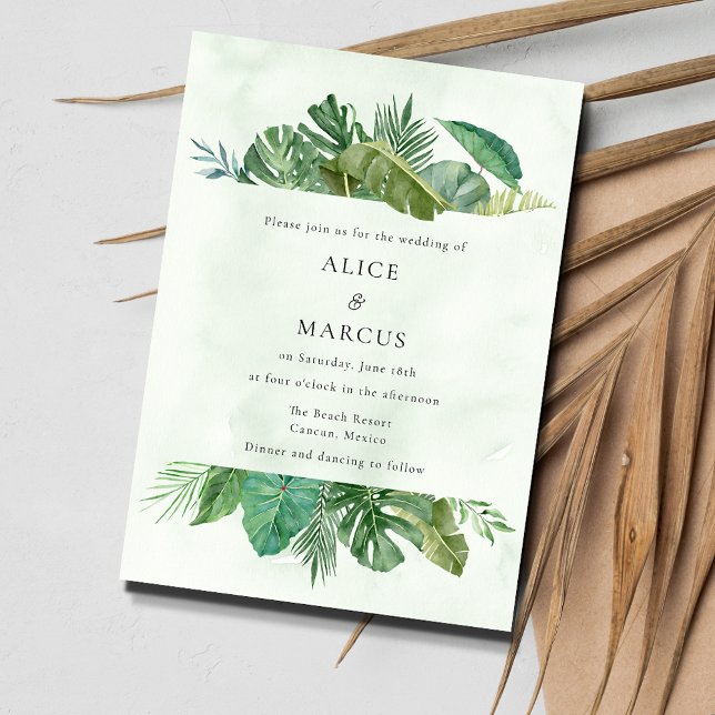Invitación Boda de destino de la playa de la hoja de palma tr (Tropical Palm Beach Wedding Invitation)