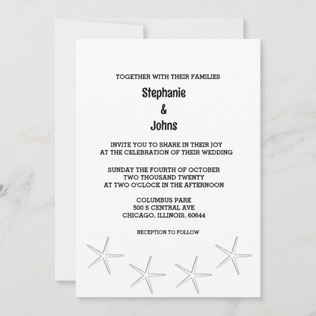 Invitación Boda de destino de la playa de Starfish Blanco Neg (Anverso)