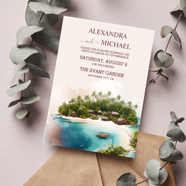 Invitación Boda de destino de la Whimsical Watercolor Maldiva (Subido por el creador)