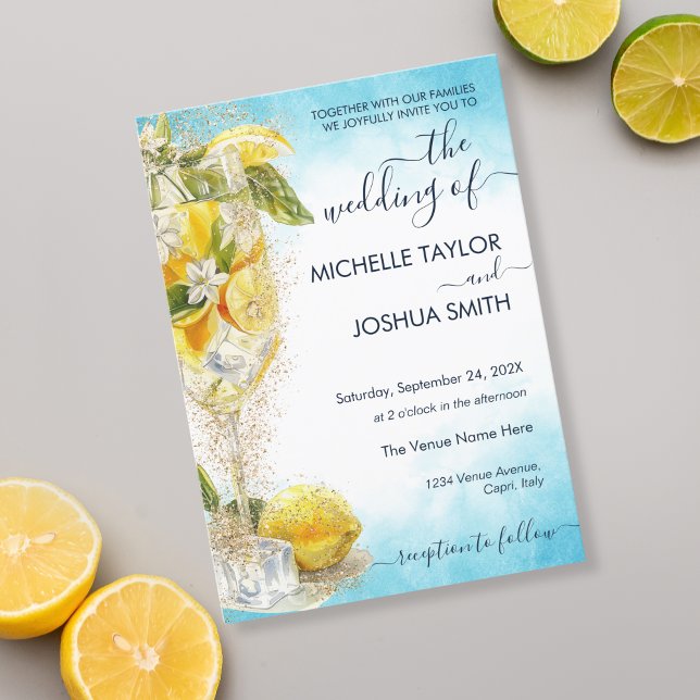 Invitación Boda de destino de Lemon Summer Cocktail Italia (blue and yellow watercolor limoncello)