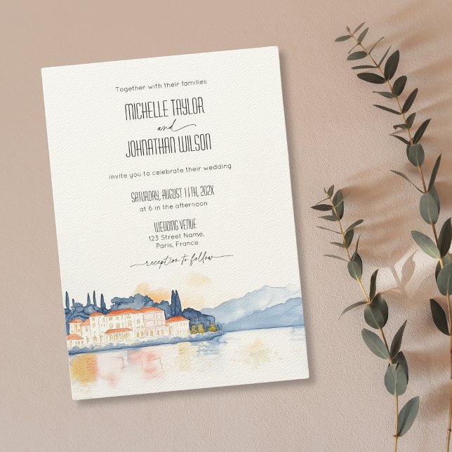 Invitación Boda de destino de mansión en el lago Como Italia (watercolor lake como wedding invitations
)