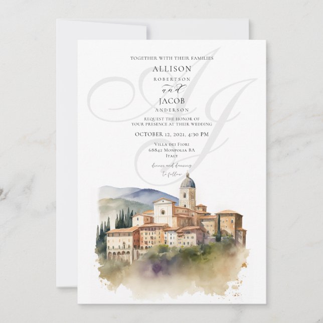 Invitación Boda de destino de monograma toscano italiano (Anverso)