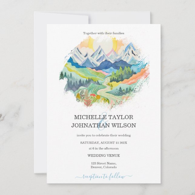 Invitación Boda de destino de montaña acuarela al aire libre (Anverso)