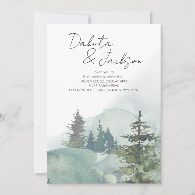 Invitación Boda de destino de montaña rusa de bosques de nieb (Anverso)