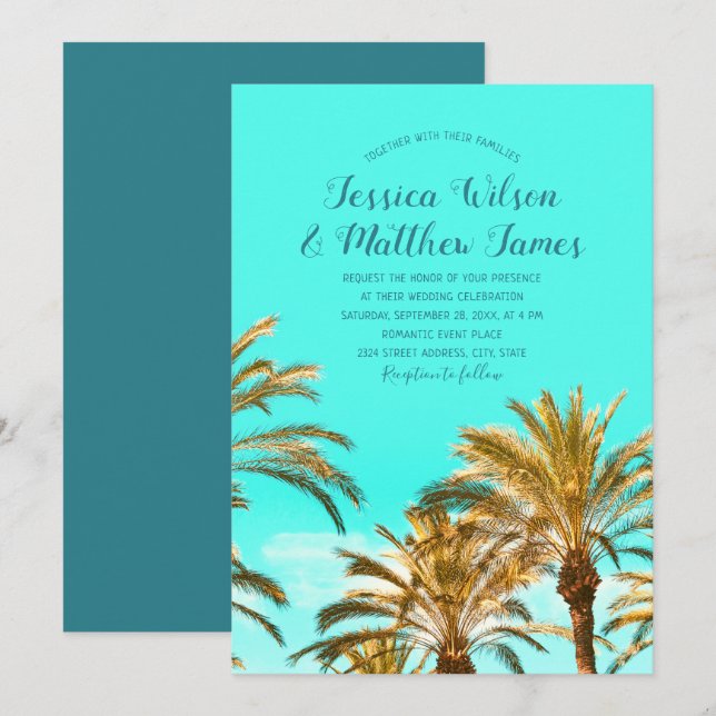 Invitación Boda de destino de Palm Tree Océano de Playa Tropi (Anverso / Reverso)