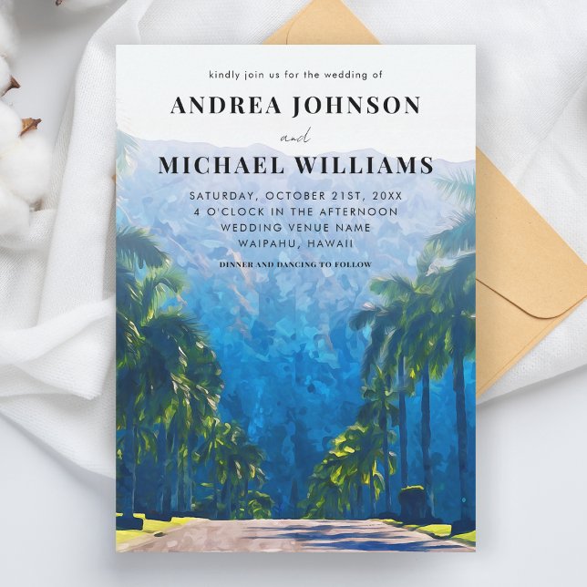 Invitación Boda de destino de Palm Watercolor Beach Hawaii (Subido por el creador)