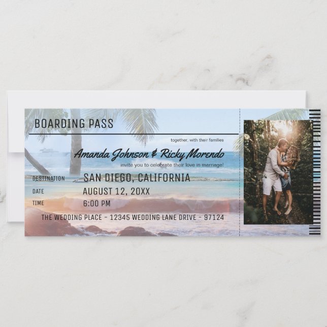 Invitación Boda de destino de palma de playa tropical con fot (Anverso)