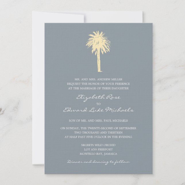 Invitación Boda de destino de palmeras amarillas y grises (Anverso)
