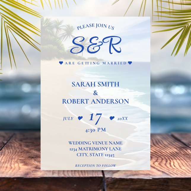 Invitación Boda de destino de palmeras de la Isla de la Playa (Blue Beach Island Palm Tree Destination Wedding Invitation
)