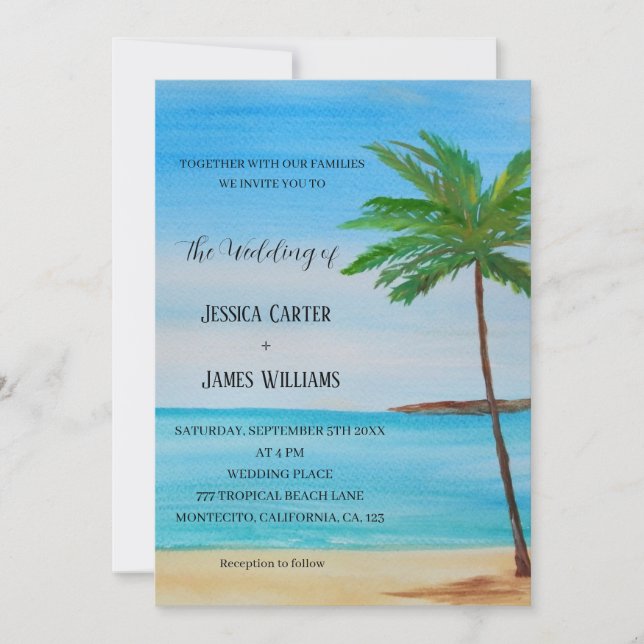 Invitación Boda de destino de palmeras de playa tropical (Anverso)