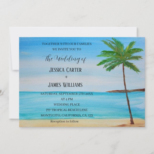 Invitación Boda de destino de palmeras de playa tropical (Anverso)