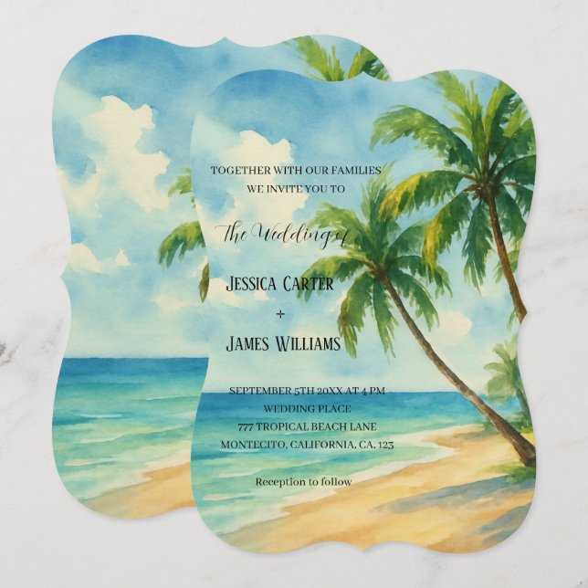 Invitación Boda de destino de palmeras de playa tropical (Anverso / Reverso)