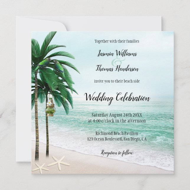 Invitación Boda de destino de palmeras de playa tropical (Anverso)