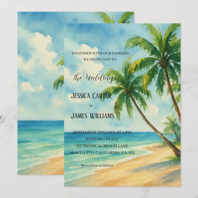 Invitación Boda de destino de palmeras de playa tropical (Anverso / Reverso)