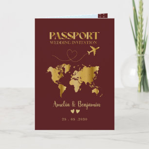Invitación Boda de destino de pasaporte de corazón de oro fal