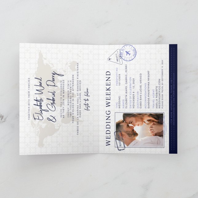 Invitación Boda de destino de pasaporte de viaje azul (Interior)