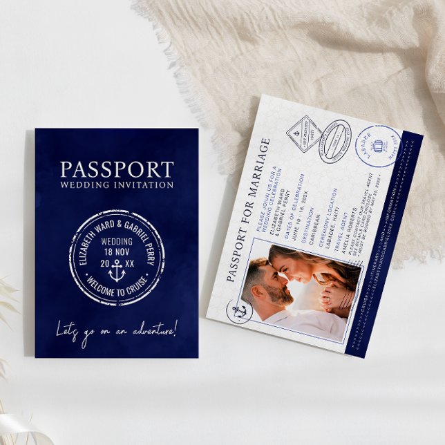 Invitación Boda de destino de pasaporte de viaje azul de la m (Subido por el creador)