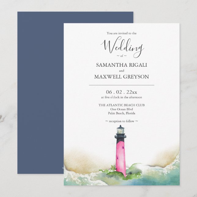 Invitación Boda de destino de playa de faro rosa y azul (Anverso / Reverso)