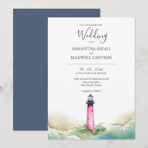 Invitación Boda de destino de playa de faro rosa y azul