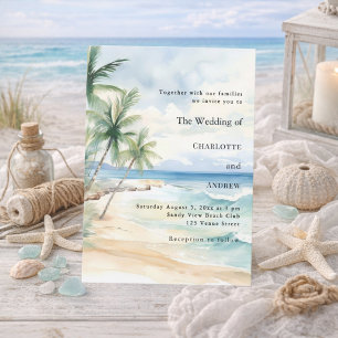 Invitación Boda de destino de playa tropical de palmeras en e