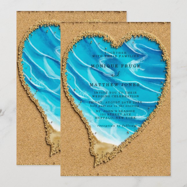 Invitación Boda de destino de playa y corazón de arena (Anverso / Reverso)