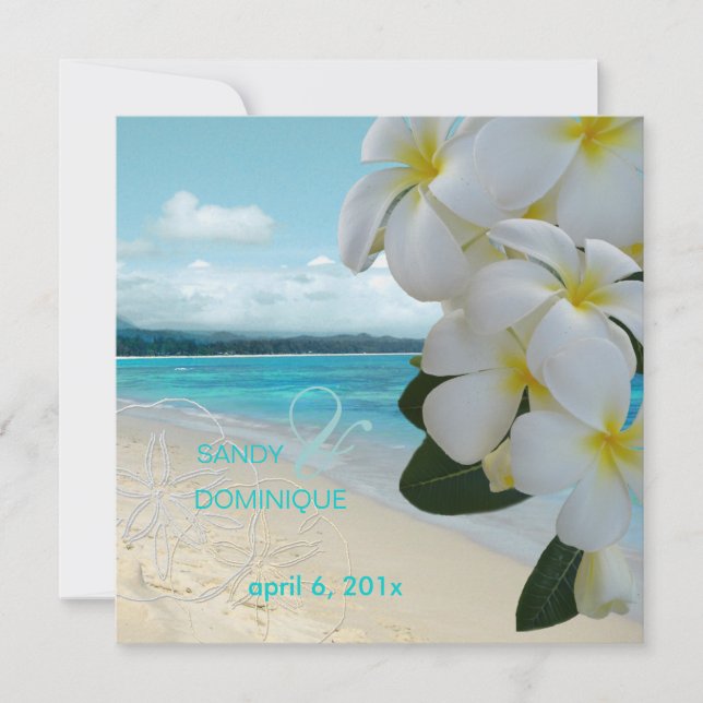 Invitación Boda de destino de playa y plumería de arena (Anverso)