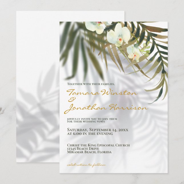 Invitación Boda de destino de sombra de vegetación tropical d (Anverso / Reverso)