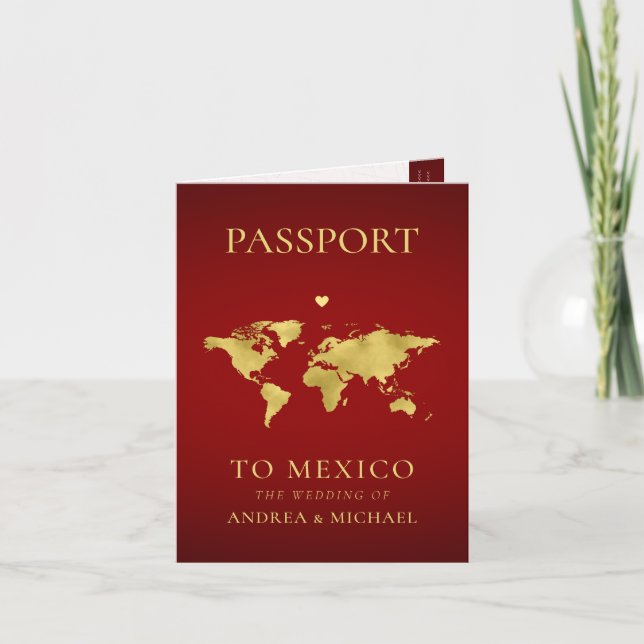 Invitación Boda de Destino de Viaje de Pasaporte Rojo y Oro (Anverso)