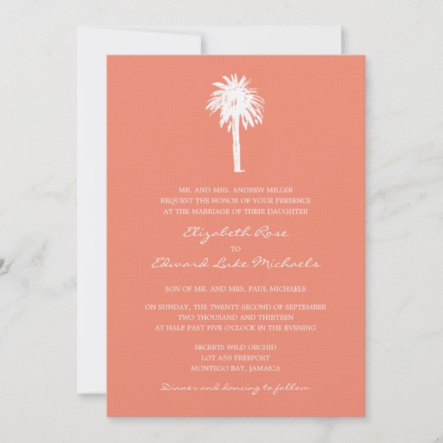 Invitación Boda de destino del árbol de palmas de coral (Anverso)