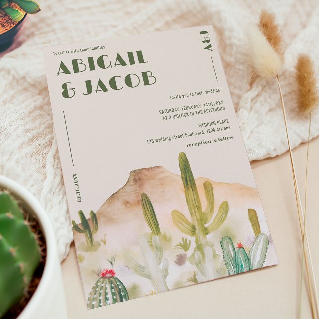 Invitación Boda de Destino del Desierto Retro Cactus Arizona (Retro Desert Cactus Arizona Destination Wedding Invitation)