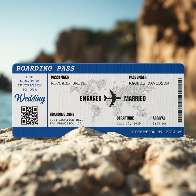 Invitación Boda de destino del mapa del mundo azul de la tarj (Boarding Pass Blue World Map Destination Wedding Invitation
)