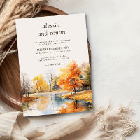 Boda de destino en acuarela en el lago de otoño