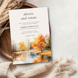 Invitación Boda de destino en acuarela en el lago de otoño
