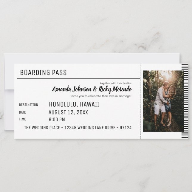 Invitación Boda de destino en blanco y negro con foto (Anverso)