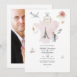 Invitación Boda de destino en París con monograma en acuarela