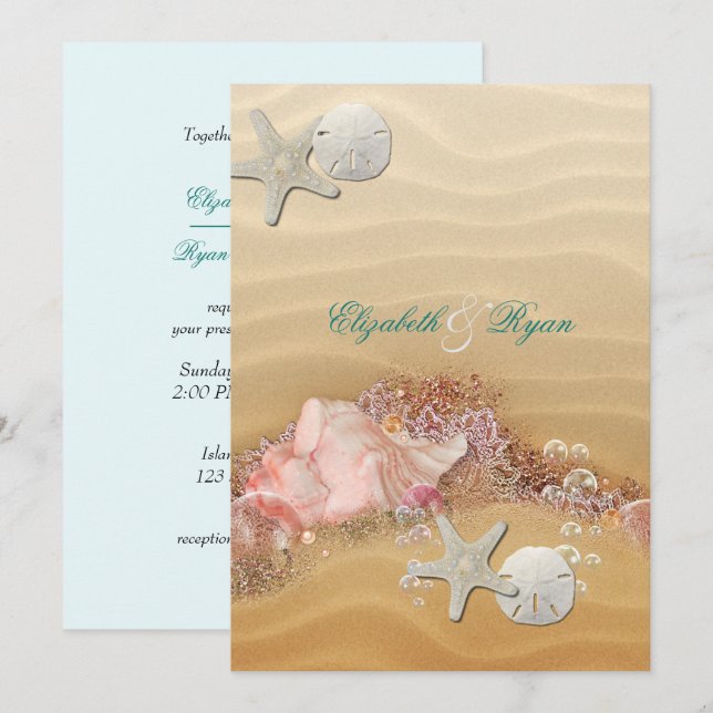 Invitación Boda de Destino Estrella de Mar Conchas de Mar  (Anverso / Reverso)