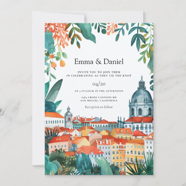 Invitación Boda de destino europea en Lisboa Portugal (Anverso)